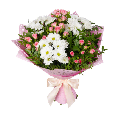 Букет «Волшебный сад» – гармония кустовых роз и белоснежных хризантем Ижевск Удмуртская Республика