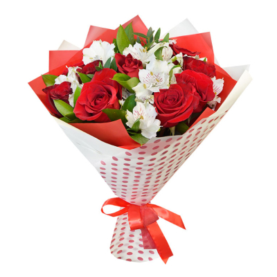 Букет из красных роз и белоснежных альстромерий – гармония страсти и нежности Ижевск Удмуртская Республика