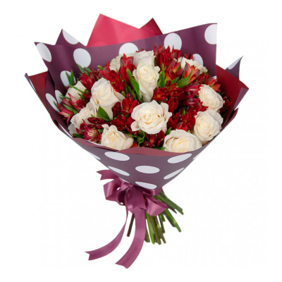 Букет из белых роз и красных альстромерий – гармония страсти и чистоты Ижевск Удмуртская Республика
