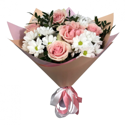 Букет из розовых роз и хризантем – нежность и долговечность Ижевск Удмуртская Республика